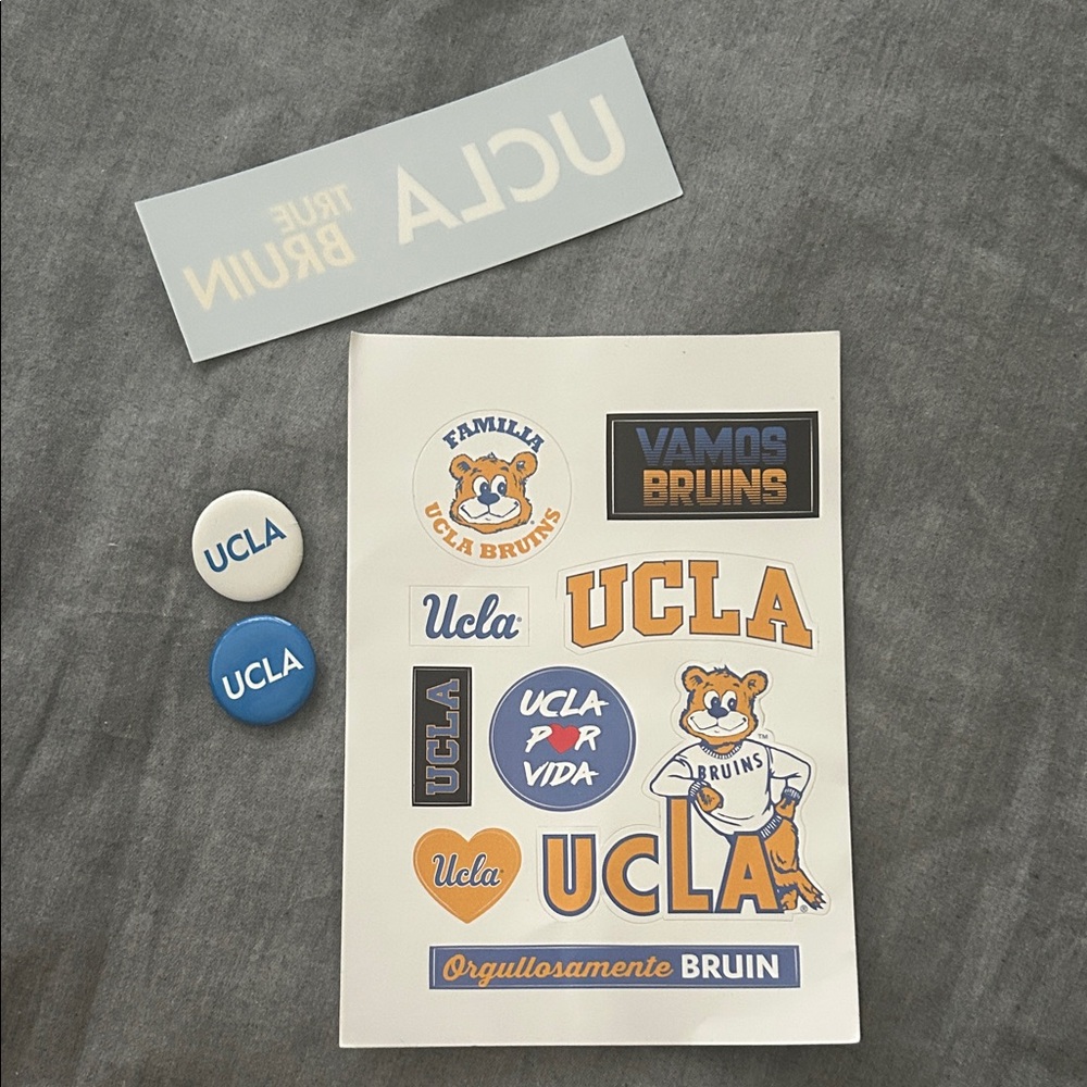 UCLA🐻4-Piece UCLA College Set 1-Sticker Page 1-Window Decor 2-Wearable Pins